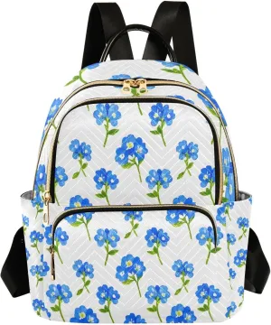 Mini Backpack for Women White with Blue Flowers Pattern Small Purse Daypacks Stylish Bags Lightweight Travel Backpacks for College Shopping Work Dating