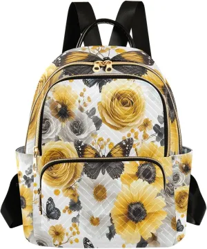 Mini Backpack for Women Yellow Flower White Pattern Butterfly Small Purse Daypacks Stylish Bags Lightweight Travel Backpacks for College Shopping Work Dating