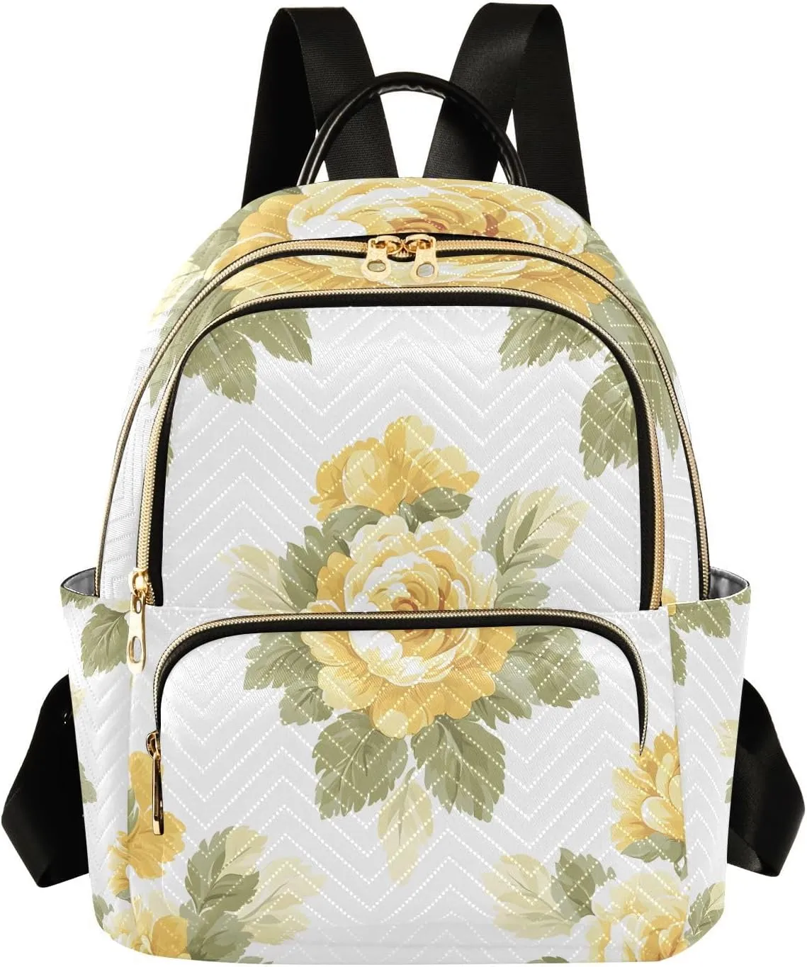 Mini Backpack for Women Yellow Flower White Pattern Green Leaves Small Purse Daypacks Stylish Bags Lightweight Travel Backpacks for College Shopping Work Dating