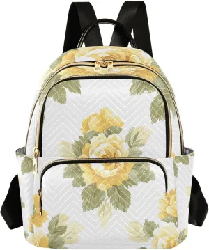 Mini Backpack for Women Yellow Flower White Pattern Green Leaves Small Purse Daypacks Stylish Bags Lightweight Travel Backpacks for College Shopping Work Dating