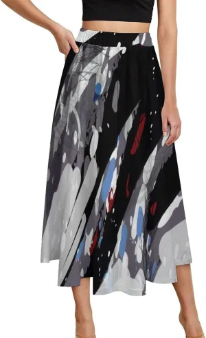 Modern Abstract Black Print Midi Skirt High Elastic Waist Ruffling Swing Office Skirts