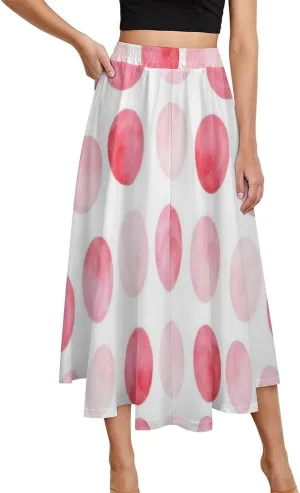 Modern Pink Polka Dot Printed Midi Skirt High Elastic Waist Ruffling Swing Beach Skirts