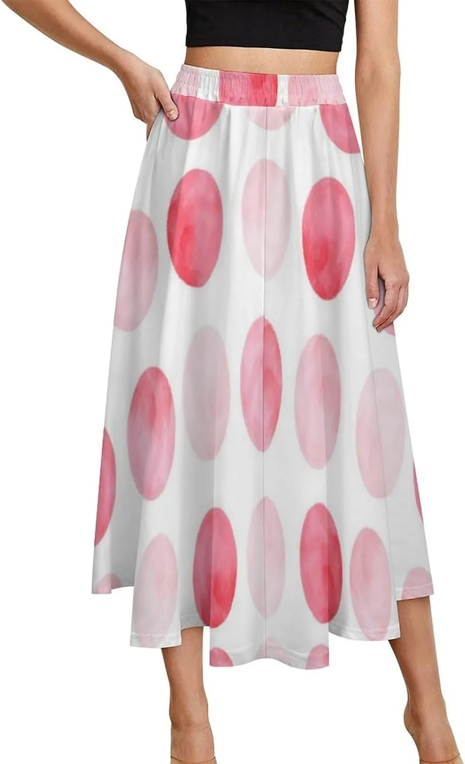 Modern Pink Polka Dot Printed Midi Skirt High Elastic Waist Ruffling Swing Beach Skirts