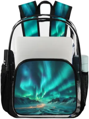 Northern Lights Heavy Duty Clear Backpack Aurora Borealis Large See Through Backpacks PVC Transparent Clear Bag for Women Men Security Stadium Work Travel Events Concert