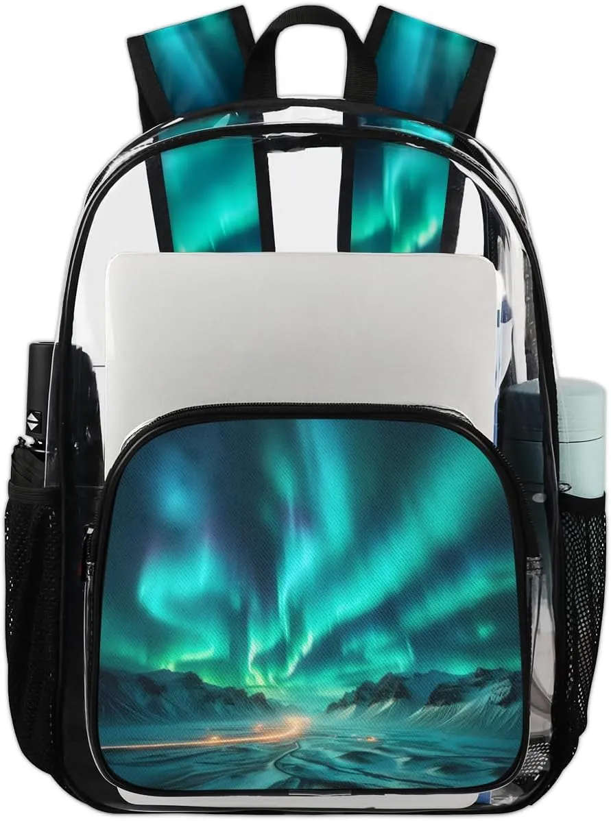 Northern Lights Heavy Duty Clear Backpack Aurora Borealis Large See Through Backpacks PVC Transparent Clear Bag for Women Men Security Stadium Work Travel Events Concert