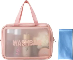 NTHFINE Travel Toiletry Bag with Large Soft Glasses Pouch, Wash Bag, Clear PU Makeup Bag - Matte Translucent Waterproof Makeup Organizer Bag with Handy Handle for Women and Men (Pink)