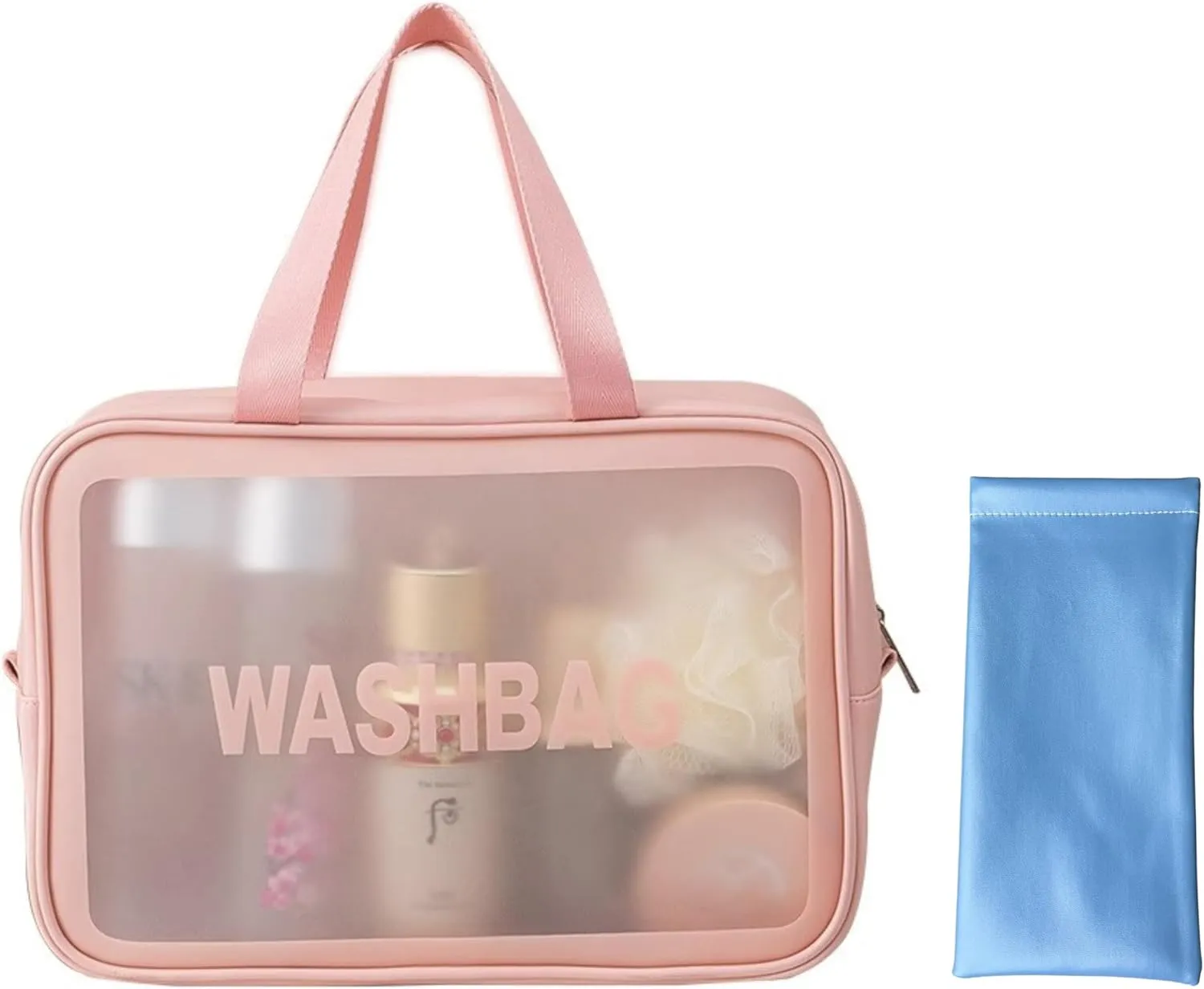 NTHFINE Travel Toiletry Bag with Large Soft Glasses Pouch, Wash Bag, Clear PU Makeup Bag - Matte Translucent Waterproof Makeup Organizer Bag with Handy Handle for Women and Men (Pink)