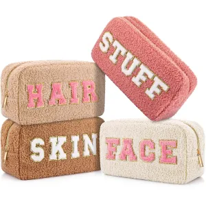 Paterr 4 Pcs Chenille Letter Preppy Patches Makeup Bag Plush Fuzzy Makeup Pouch Hair Skin Face Stuff Bag Large Cosmetic Purse Zipper Travel Toiletry Kit for Spring Gift(Pink Brown Colors)