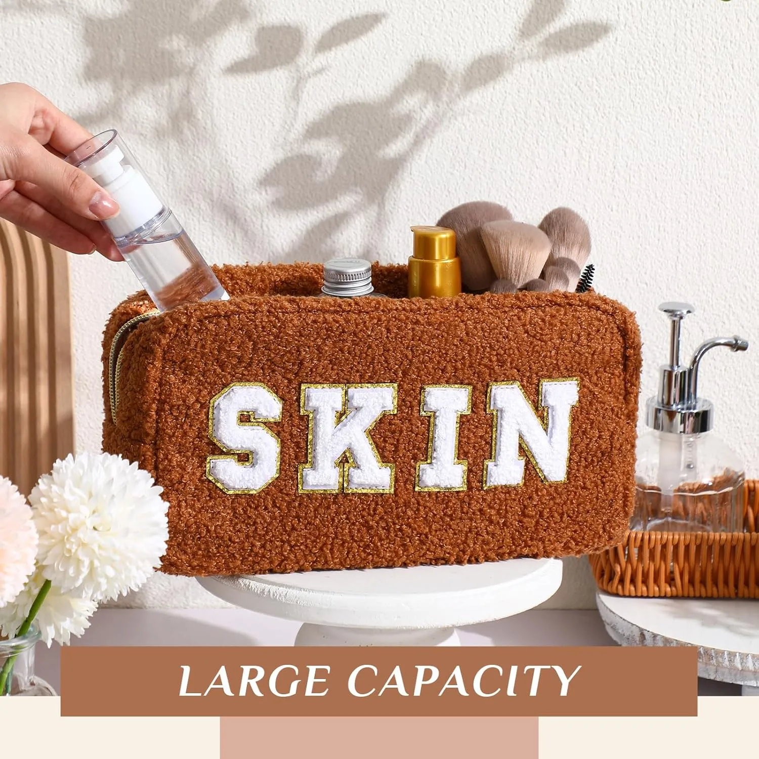 Paterr 4 Pcs Chenille Letter Preppy Patches Makeup Bag Plush Fuzzy Makeup Pouch Hair Skin Face Stuff Bag Large Cosmetic Purse Zipper Travel Toiletry Kit for Spring Gift(White Black Colors)
