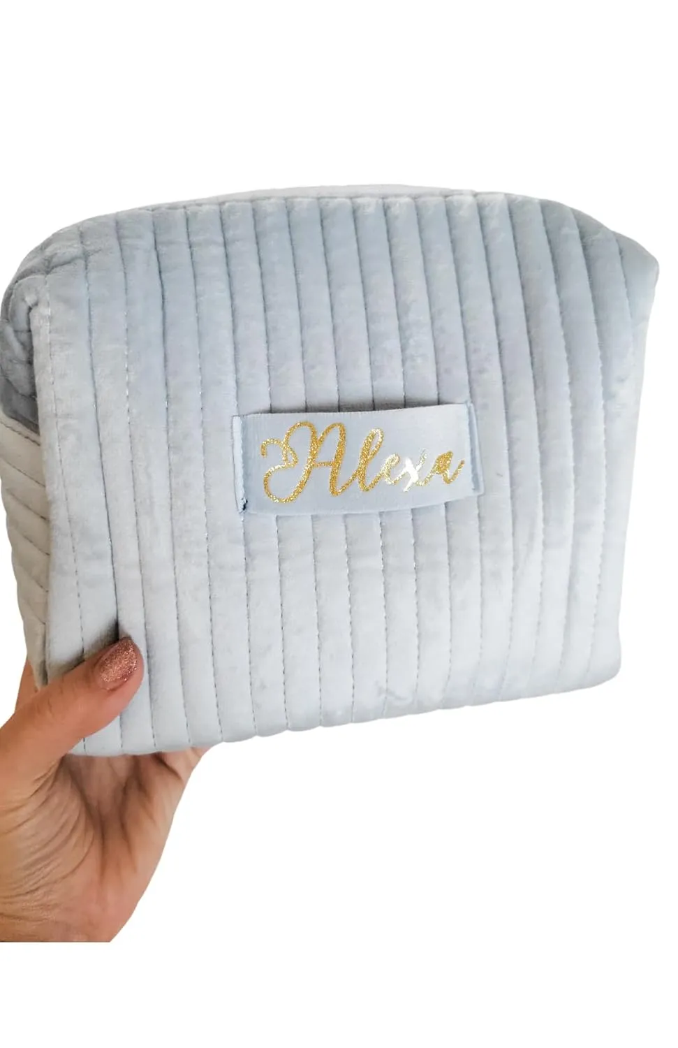 Personalized Velvet Makeup Bag - Luxury Custom Gift for Her - Birthday, Bridal Shower, Bridesmaid Proposal - High Quality Velvet - Travel Companion - Cosmetic Essentials - Must-Have (Large, Sky)