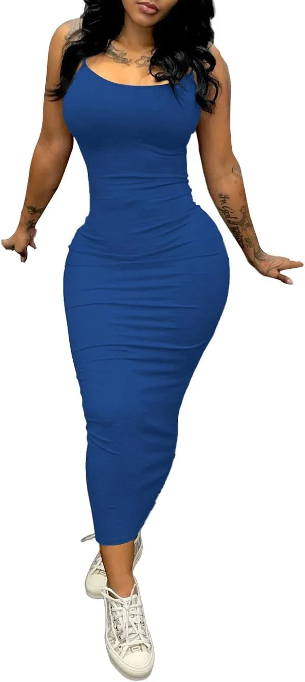 PINSV Women's Bodycon Long Slip Dress Spaghetti Strap Summer Maxi Dress Modern Casual Sundress