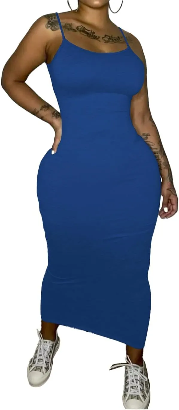 PINSV Women's Bodycon Long Slip Dress Spaghetti Strap Summer Maxi Dress Modern Casual Sundress