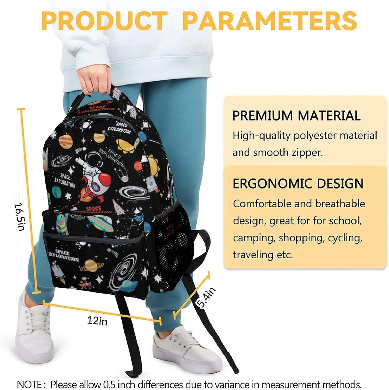 Planet Backpack for Girls - 17 Inches Black Backpacks for Boys - Cute Bookbag for Elementary