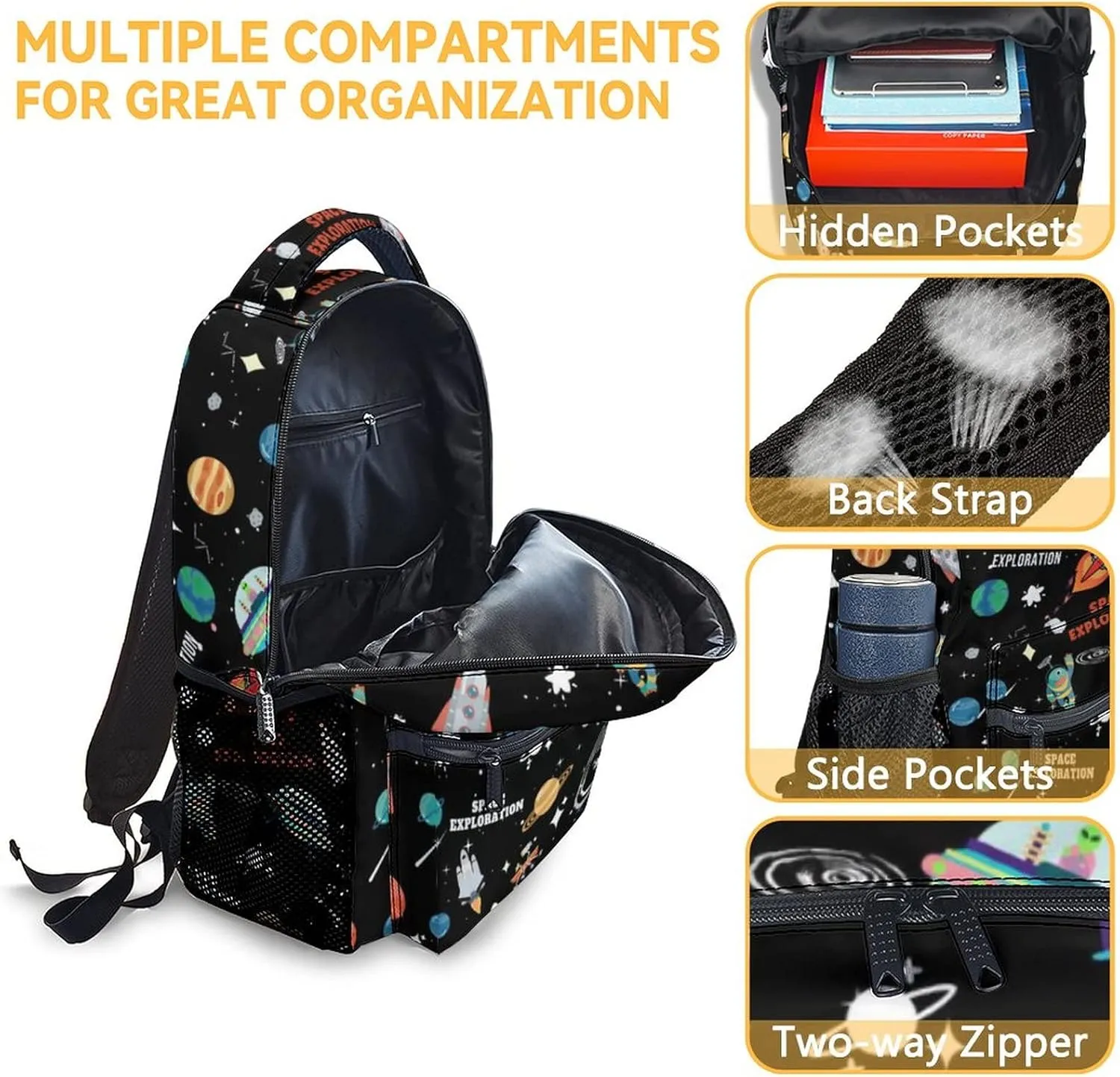 Planet Backpack for Girls - 17 Inches Black Backpacks for Boys - Cute Bookbag for Elementary