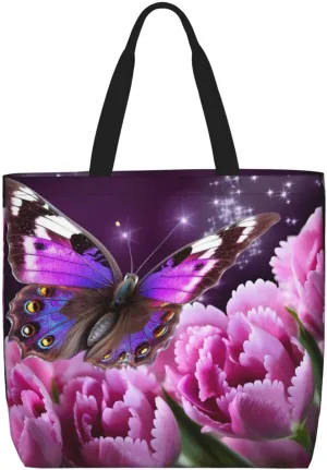 Purple flower butterfly Tote Bag for Women Hobo Handbags with Zipper Large Shoulder Bag Shopping Bags Travel Purse