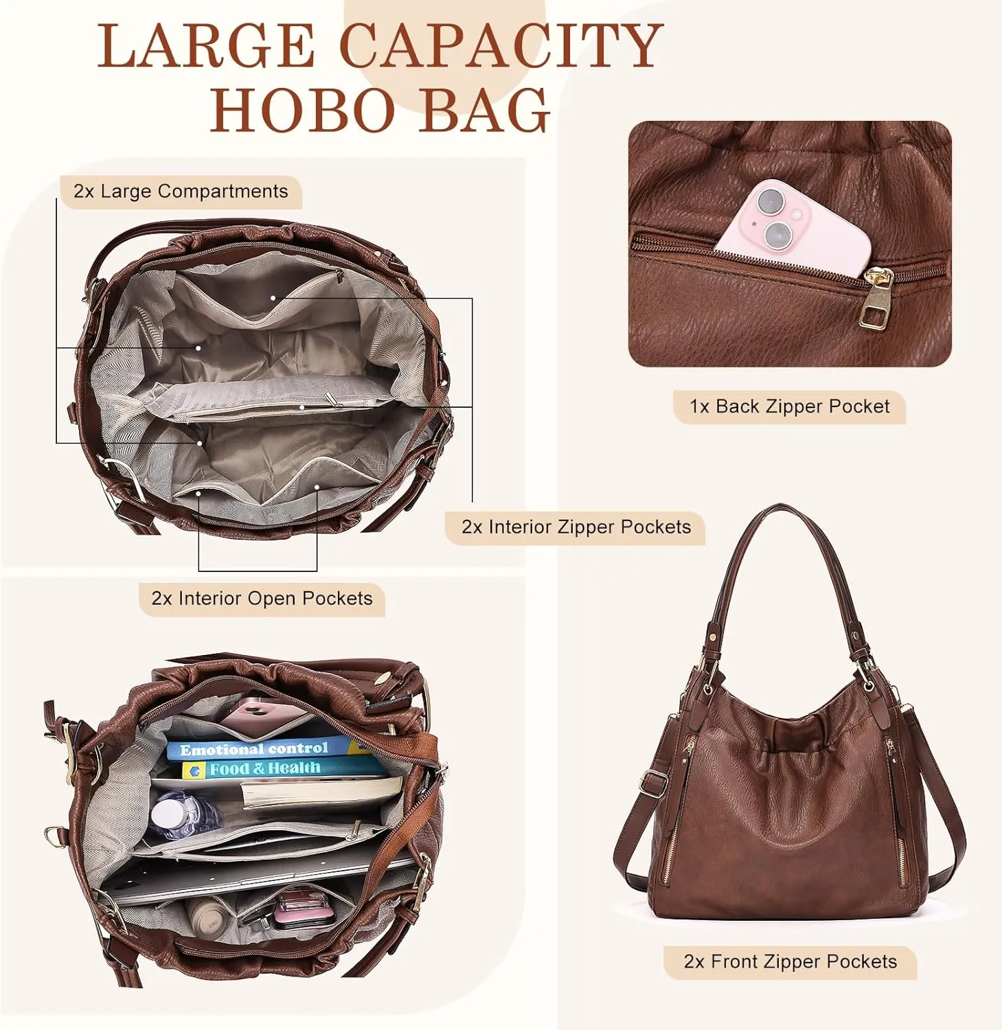 Purses and Handbags, Large Size Faux Leather Hobo Style Handbags for Women, Shoulder Bag with Removable Strap