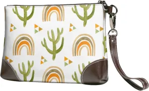 Rainbow Cactus Boho Tribal Women Leather Clutch Purse Evening Bag Small Wristlet Wallet Cell Phone Bag