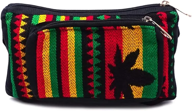 Rasta Aztec Tribal Print Pattern Adjustable Buckle Fanny Pack Waist Bag - Handmade Belt Pouch Boho Travel Accessories (Black/Pot-Leaf)