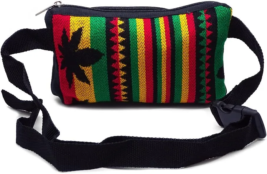 Rasta Aztec Tribal Print Pattern Adjustable Buckle Fanny Pack Waist Bag - Handmade Belt Pouch Boho Travel Accessories (Black/Pot-Leaf)