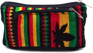 Rasta Aztec Tribal Print Pattern Adjustable Buckle Fanny Pack Waist Bag - Handmade Belt Pouch Boho Travel Accessories (Black/Pot-Leaf)