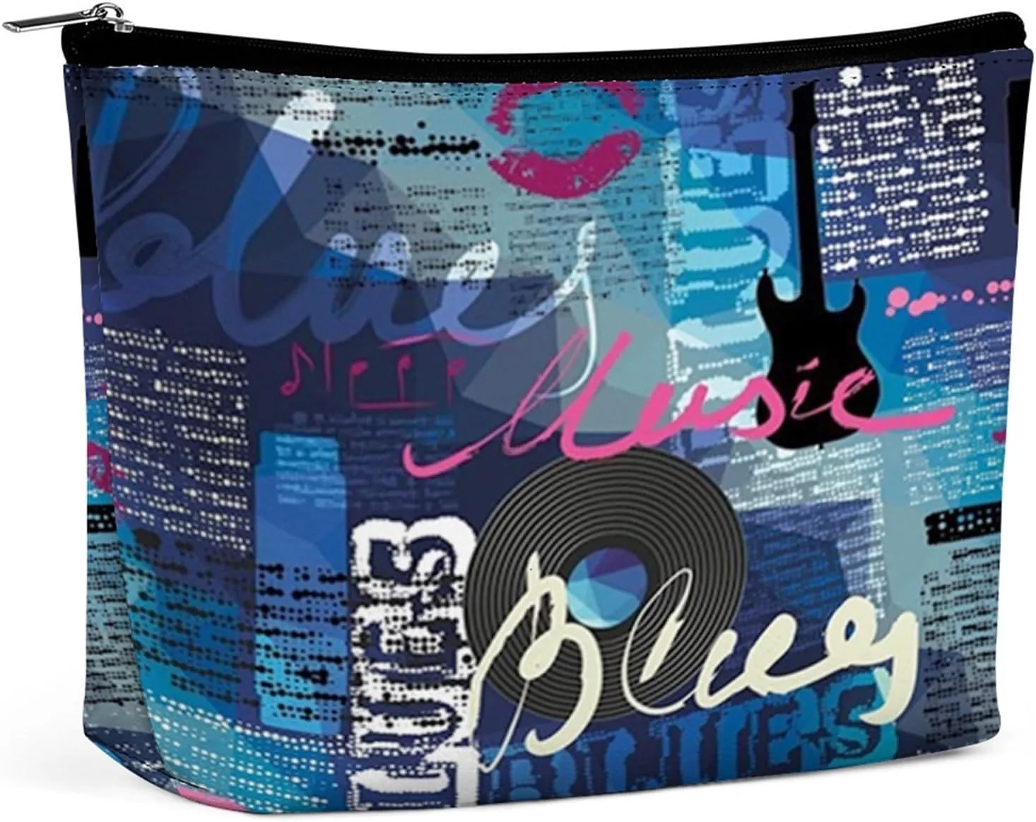 Record,PU Leather Makeup Bags for Women's,Blues Genre Elements Guitar,Travel makeup bags Toiletry Bags,Mom's Birthday Sister Gifts,Makeup Pouch Perfect Gifts,Blue, Blue_1