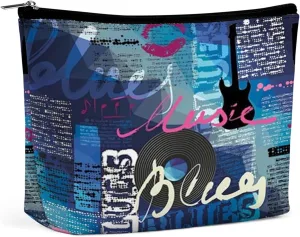 Record,PU Leather Makeup Bags for Women's,Blues Genre Elements Guitar,Travel makeup bags Toiletry Bags,Mom's Birthday Sister Gifts,Makeup Pouch Perfect Gifts,Blue, Blue_1