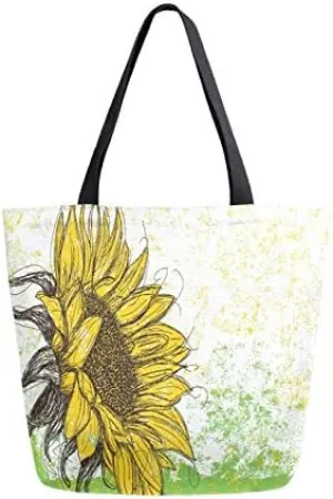 Retro Sunflower Large Canvas Tote Bag Heavy Duty Grocery Bag, Yellow Floral Women Casual Shoulder Bag Pocket Reusable Handbags for Travel Beach School Nursing Gift