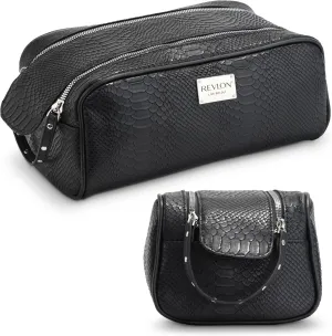 REVLON Croc Embossed Makeup Bag - Small Makeup Pouch, Travel Makeup Organizer with Two Zippers, Cosmetic Bag, Mini Makeup Case with Pockets - Gifts for Women, Ladies, or Teen Girls, Onyx
