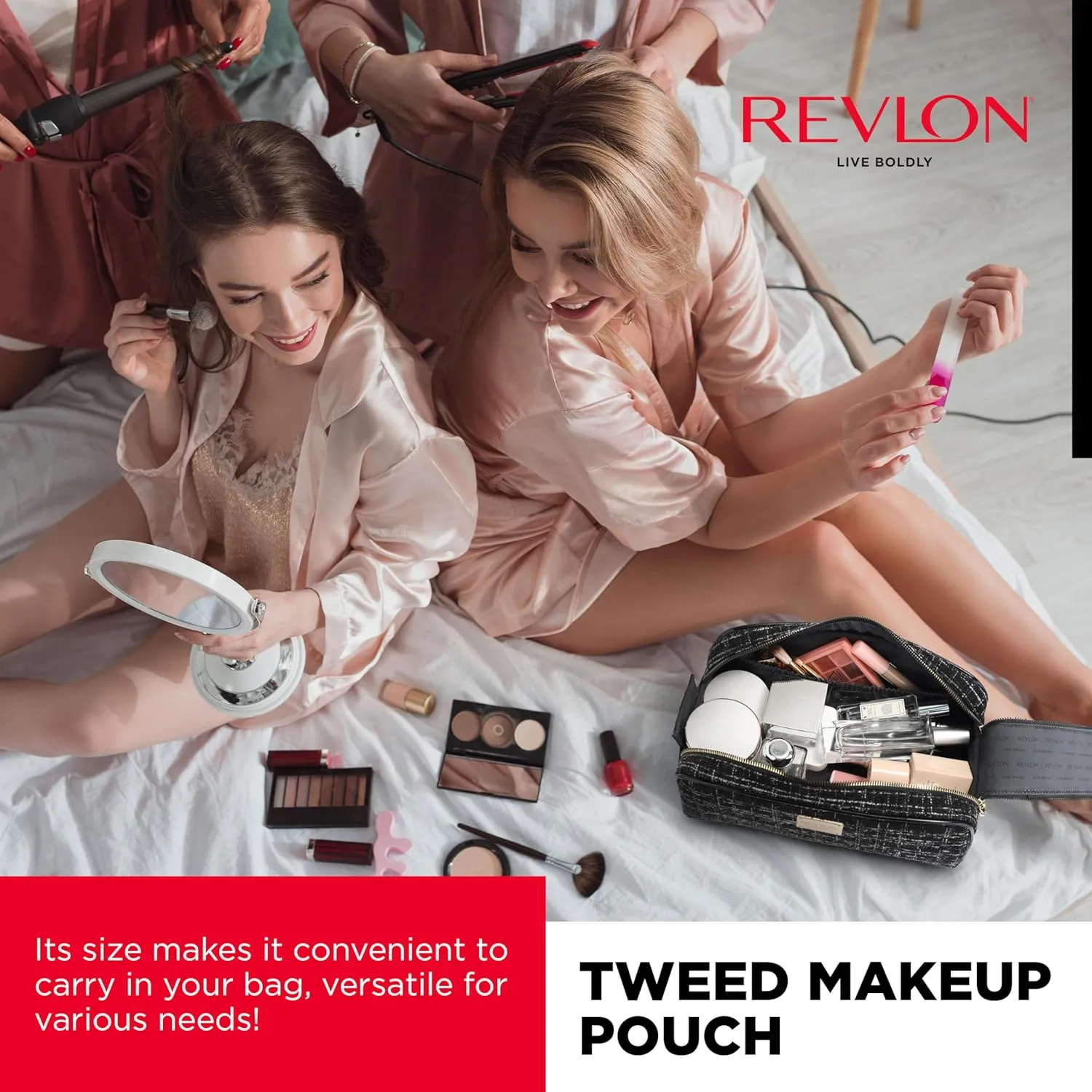 REVLON Tweed Makeup Bag - Small Makeup Pouch, Dual Zipper with Chain Makeup Case, Travel Makeup Organizer, Cosmetic Bag, Mini Makeup Case with Pockets, Toiletry Bag with Vinyl Base, Black