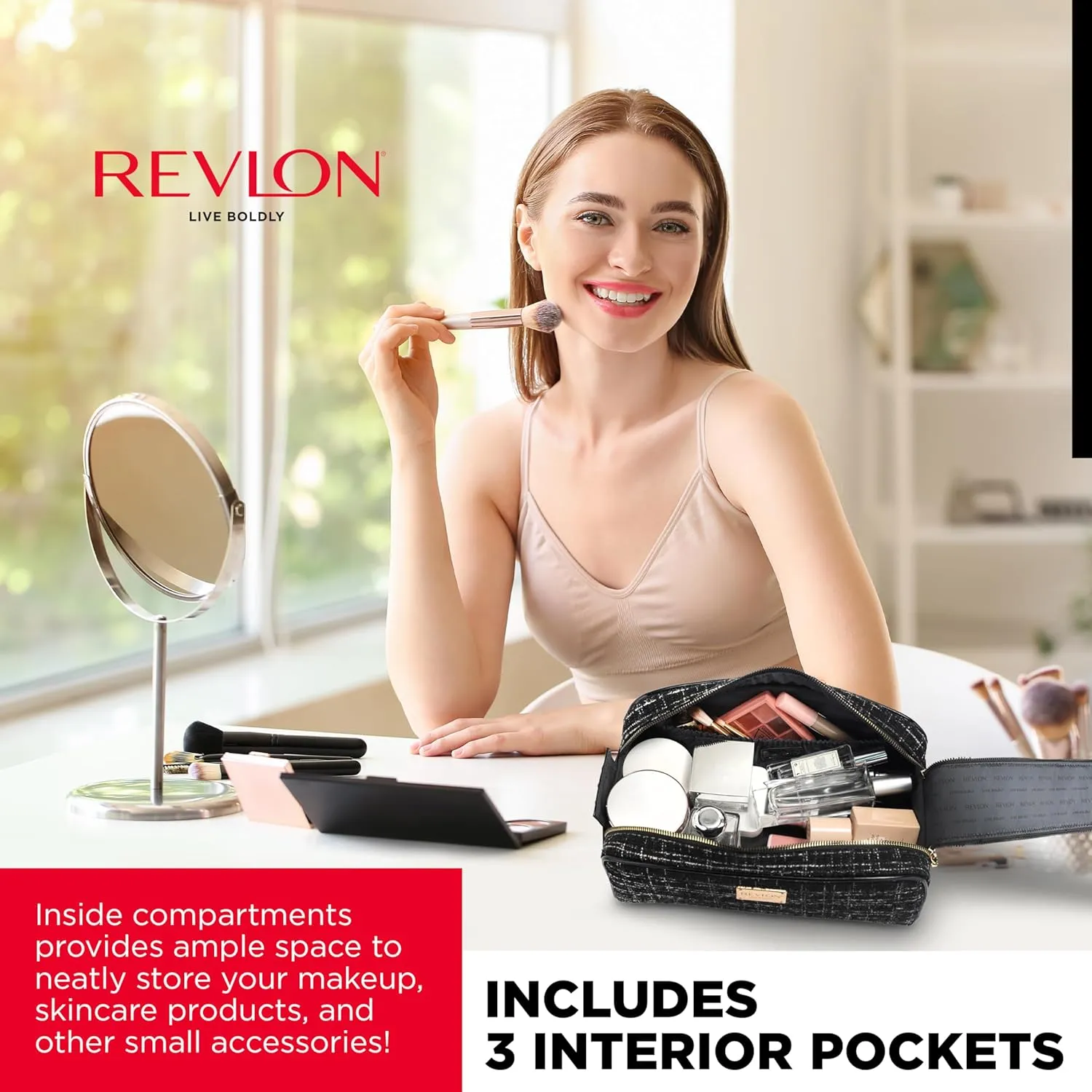 REVLON Tweed Makeup Bag - Small Makeup Pouch, Dual Zipper with Chain Makeup Case, Travel Makeup Organizer, Cosmetic Bag, Mini Makeup Case with Pockets, Toiletry Bag with Vinyl Base, Black
