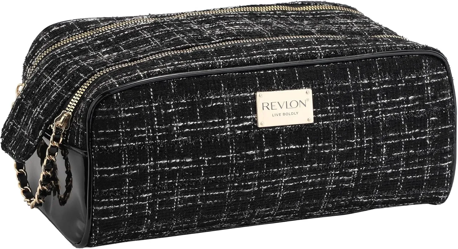 REVLON Tweed Makeup Bag - Small Makeup Pouch, Dual Zipper with Chain Makeup Case, Travel Makeup Organizer, Cosmetic Bag, Mini Makeup Case with Pockets, Toiletry Bag with Vinyl Base, Black