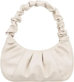 Ruched Handbag, Mini Shoulder Bag for Women, Classic Clutch Shoulder Purse | 90s Vintage Trendy Tote | Cute Hobo Beige White