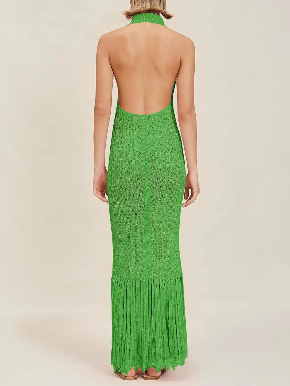 Saodimallsu Womens Halter Crochet Cover Up Fringe Sexy Backless Sleeveless V Neck Collared Vacation Beach Maxi Dress