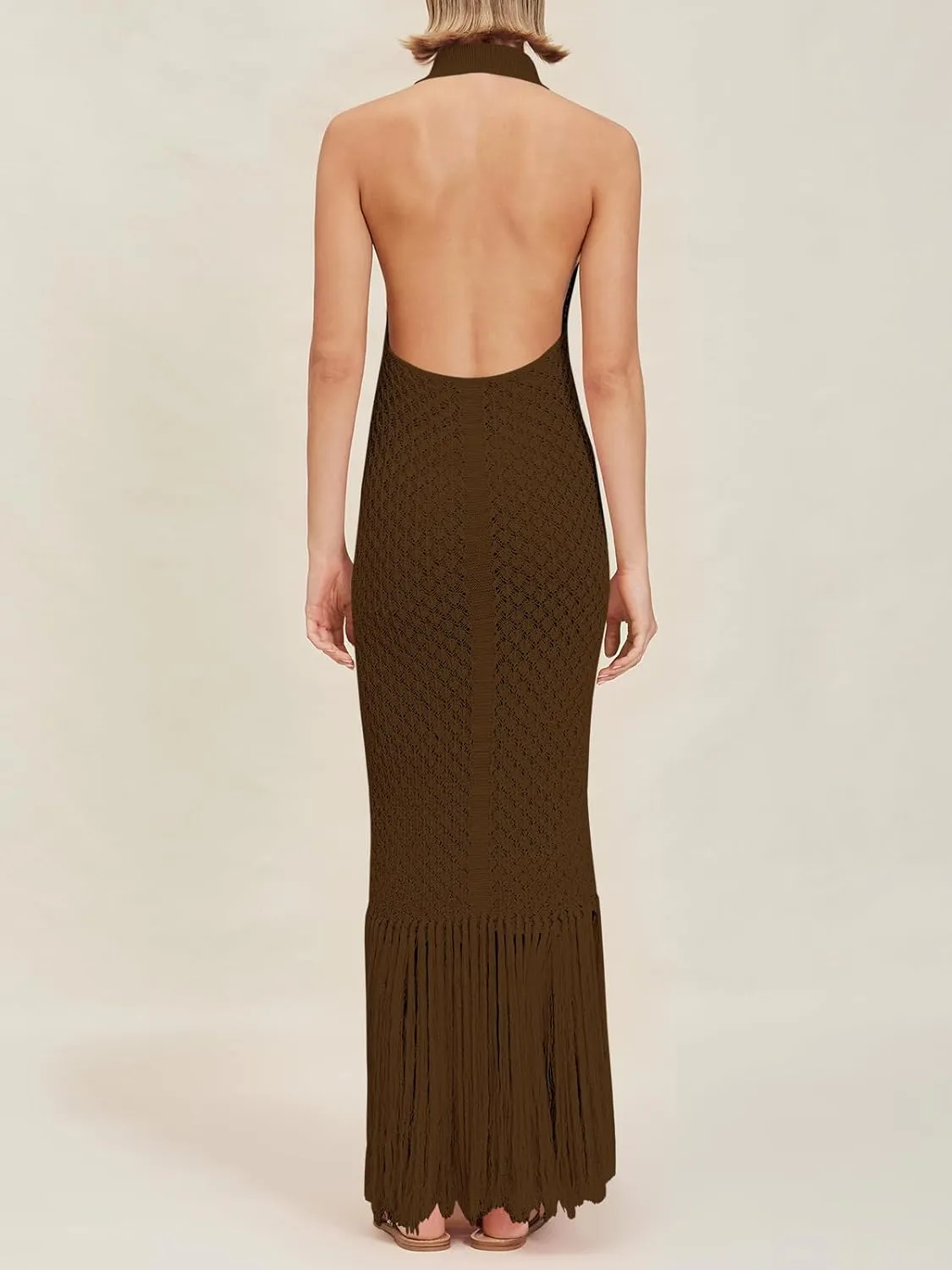 Saodimallsu Womens Halter Crochet Cover Up Fringe Sexy Backless Sleeveless V Neck Collared Vacation Beach Maxi Dress