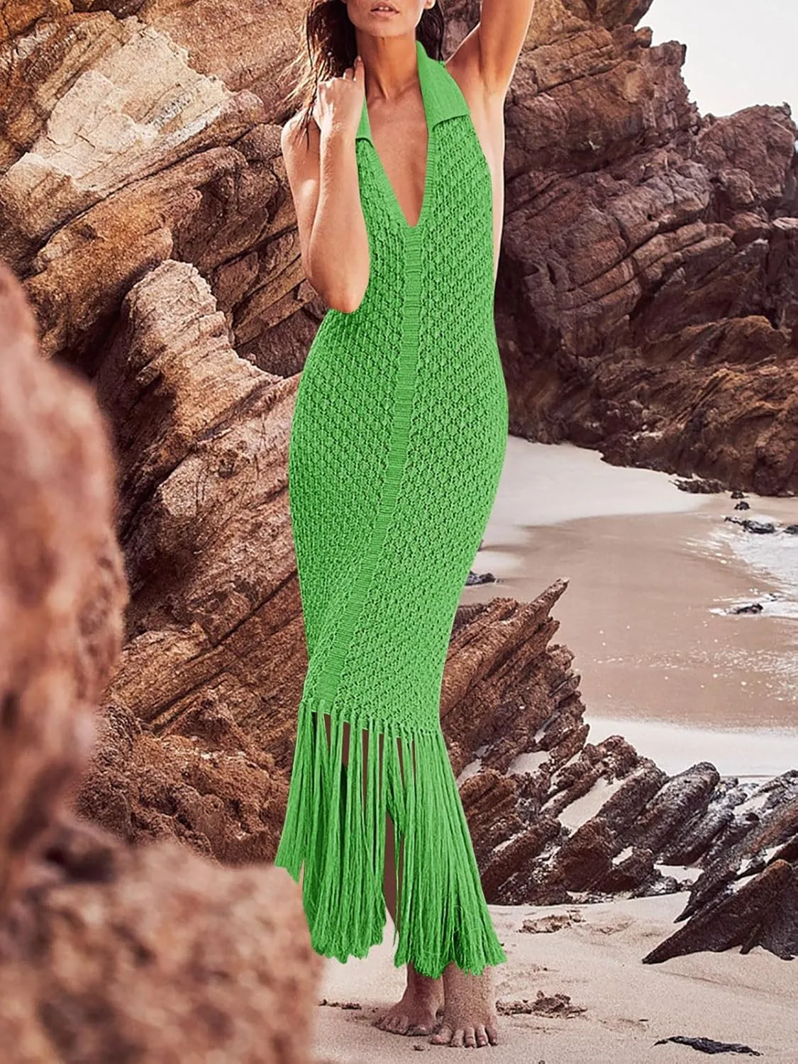 Saodimallsu Womens Halter Crochet Cover Up Fringe Sexy Backless Sleeveless V Neck Collared Vacation Beach Maxi Dress
