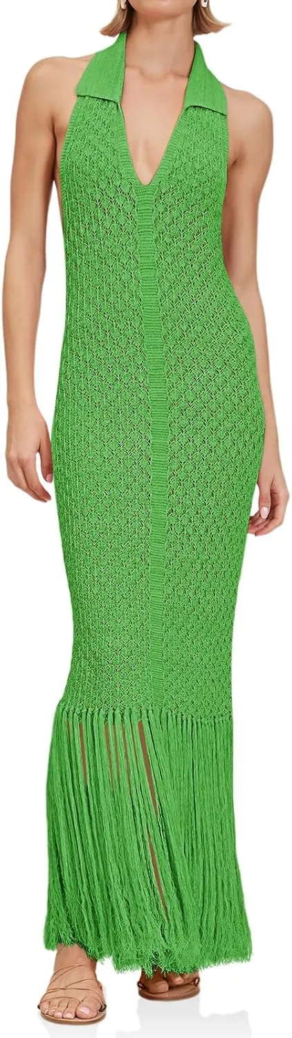 Saodimallsu Womens Halter Crochet Cover Up Fringe Sexy Backless Sleeveless V Neck Collared Vacation Beach Maxi Dress
