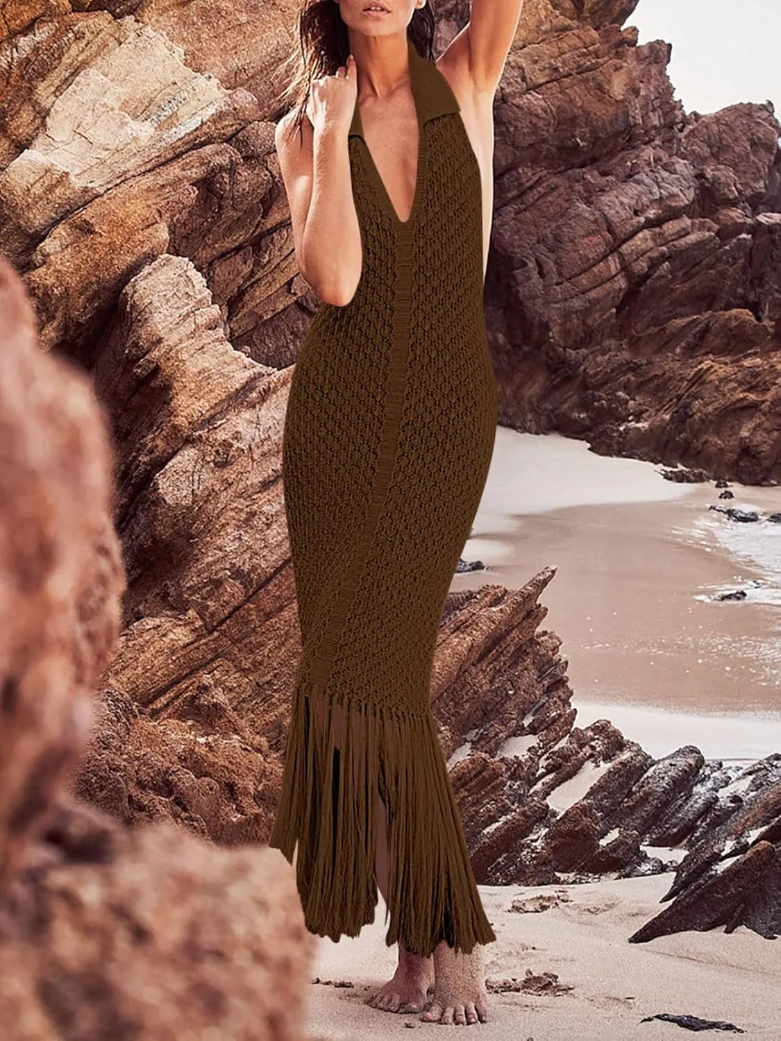 Saodimallsu Womens Halter Crochet Cover Up Fringe Sexy Backless Sleeveless V Neck Collared Vacation Beach Maxi Dress