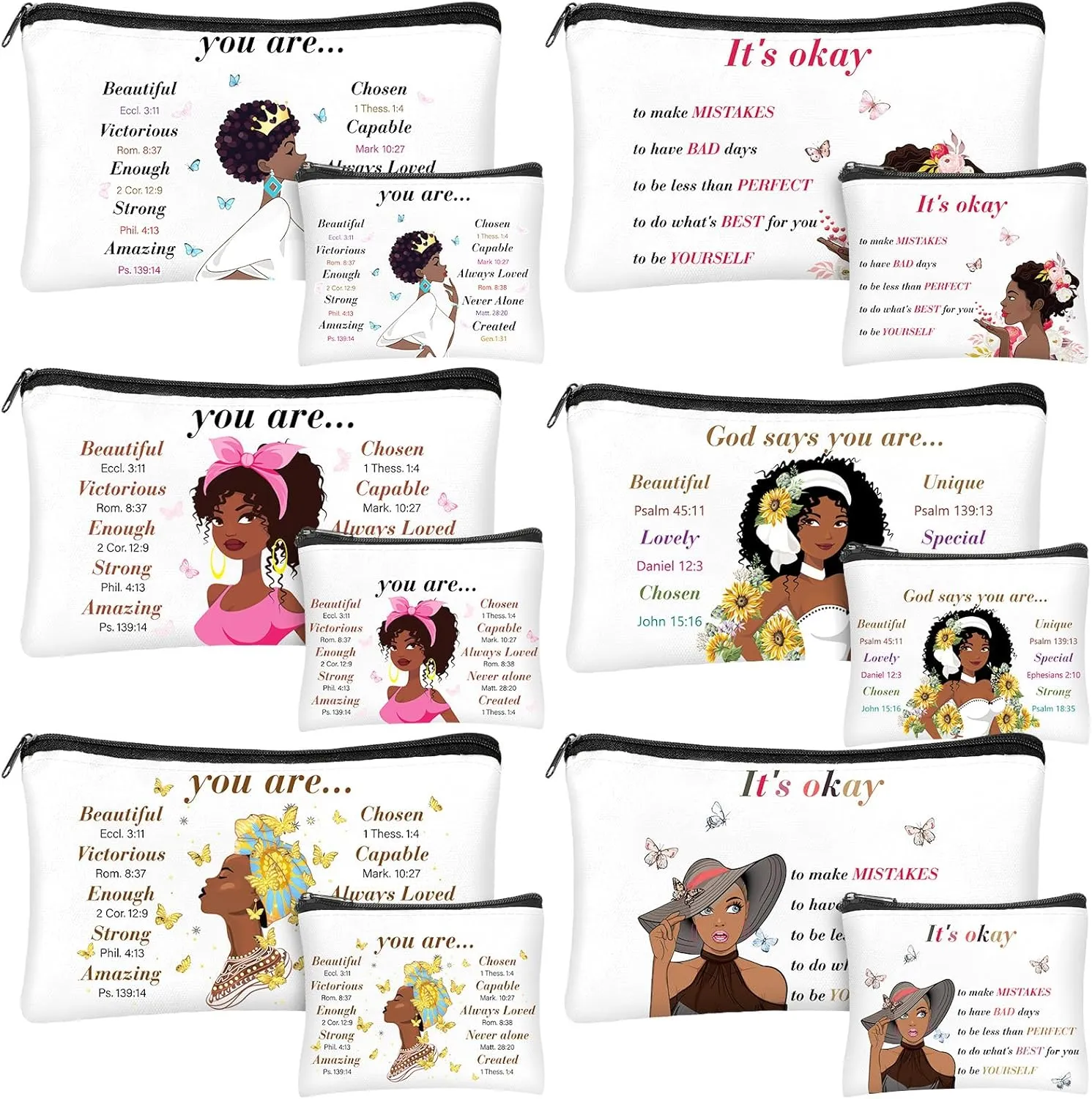 Silkfly 12 Pcs African American Cosmetic Bag for Women Bulk Christian Inspirational Gift Makeup Bag for Black Women Afro Queen Zipper Travel Pouch Purses Toiletry Organizer for Mother Day(Classic)