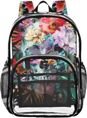Skull Colorful Flowers Travel Clear Bags for Women Boys Backpacks for Girls Pvc School Transparent Large