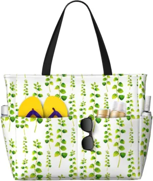 SSIMOO Green Floral Spacious Beach Travel Bagreusable Grocery Tote, Multifunctional Beach Vacation Bag