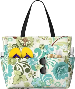 SSIMOO Green Flower Spacious Beach Travel Bagreusable Grocery Tote, Multifunctional Beach Vacation Bag
