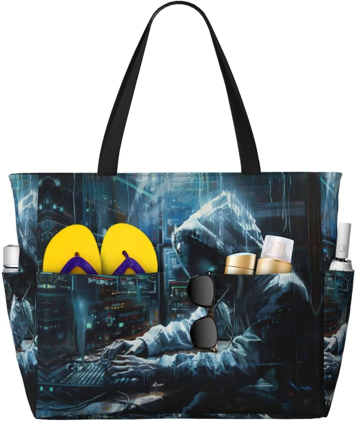 SSIMOO Hacker Attack Spacious Beach Travel Bagreusable Grocery Tote, Multifunctional Beach Vacation Bag