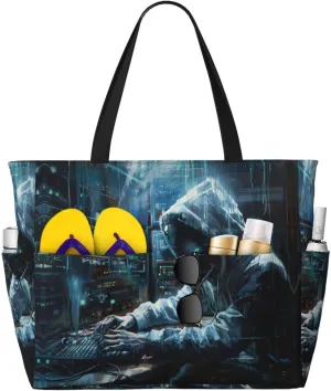 SSIMOO Hacker Attack Spacious Beach Travel Bagreusable Grocery Tote, Multifunctional Beach Vacation Bag