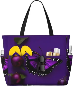 SSIMOO One Purple Plum Butterfly Spacious Beach Travel Bagreusable Grocery Tote, Multifunctional Beach Vacation Bag, Black