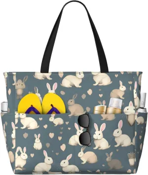 SSIMOO Rabbit Background Spacious Beach Travel Bagreusable Grocery Tote, Multifunctional Beach Vacation Bag