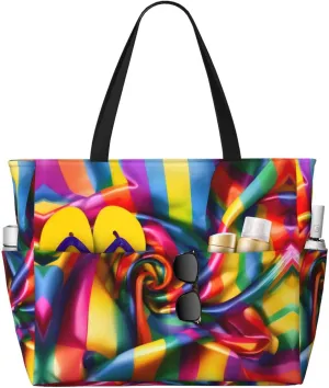 SSIMOO Rainbow Striped Spacious Beach Travel Bagreusable Grocery Tote, Multifunctional Beach Vacation Bag, Black