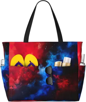 SSIMOO Red Blue Galaxy Spacious Beach Travel Bagreusable Grocery Tote, Multifunctional Beach Vacation Bag