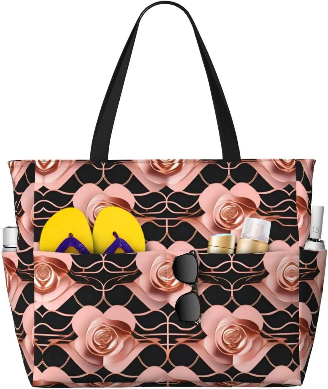 SSIMOO Rose Gold Pattern Backgrounds Spacious Beach Travel Bagreusable Grocery Tote, Multifunctional Beach Vacation Bag