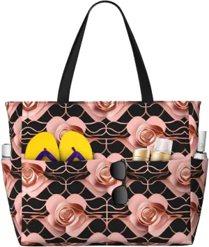 SSIMOO Rose Gold Pattern Backgrounds Spacious Beach Travel Bagreusable Grocery Tote, Multifunctional Beach Vacation Bag