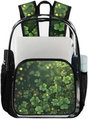 St. Patrick's Day Clover Heavy Duty Clear Backpack Irish Green Clover Large See Through Backpacks PVC Transparent Backpack Clear Bag for Women Men Security Stadium Work Travel Events Concert